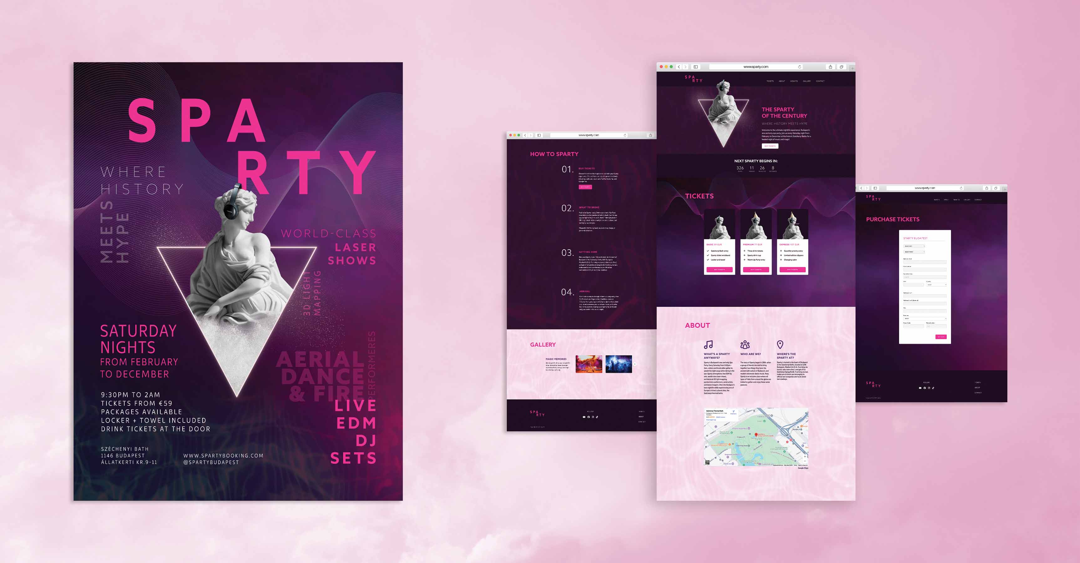 A Sparty event poster and website layout against a pink background.